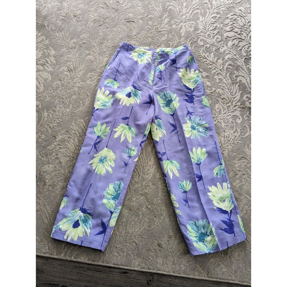David Brooks Linen Blend Pants Women 12 Purple Green Watercolor Floral Resort